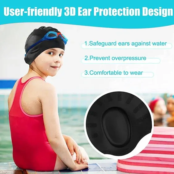 2 Pack Kids Swim Caps for Boys Girls Durable Silicone Swimming Cap with 3D Ear Pockets for Age 3-15 Toddler Child Youth Teen