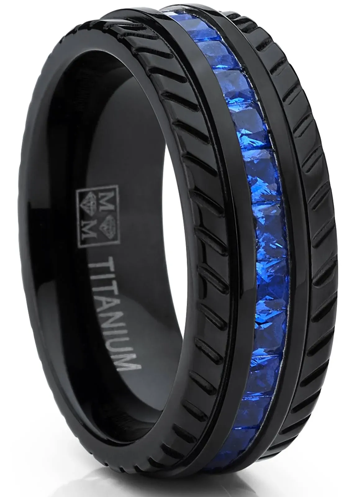 Men s Black Titanium Wedding Band Engagement Eternity Ring Simulated Diamond W/ Princess Cut Deep Blue Cubic Zirconia CZ 7