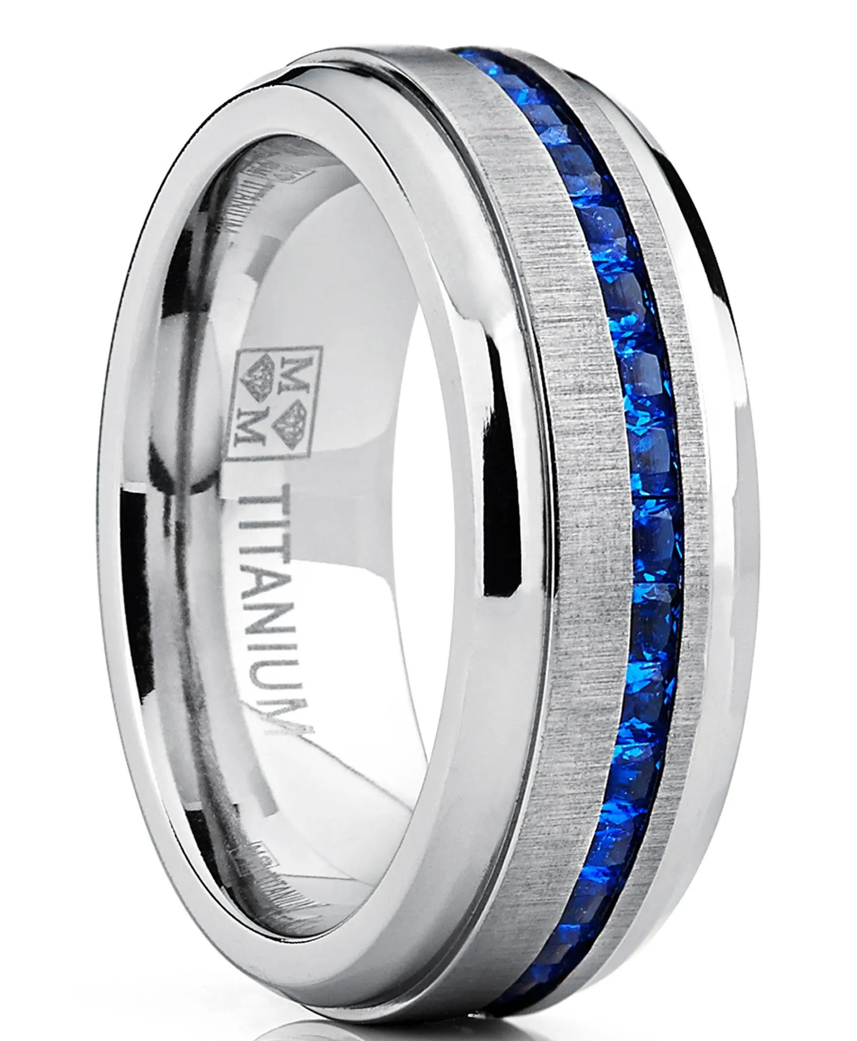 Metal Masters Co. Men's Eternity Titanium Wedding Band Engagement Ring w/ Blue Simulated Sapphire Cubic Zirconia Princess CZ