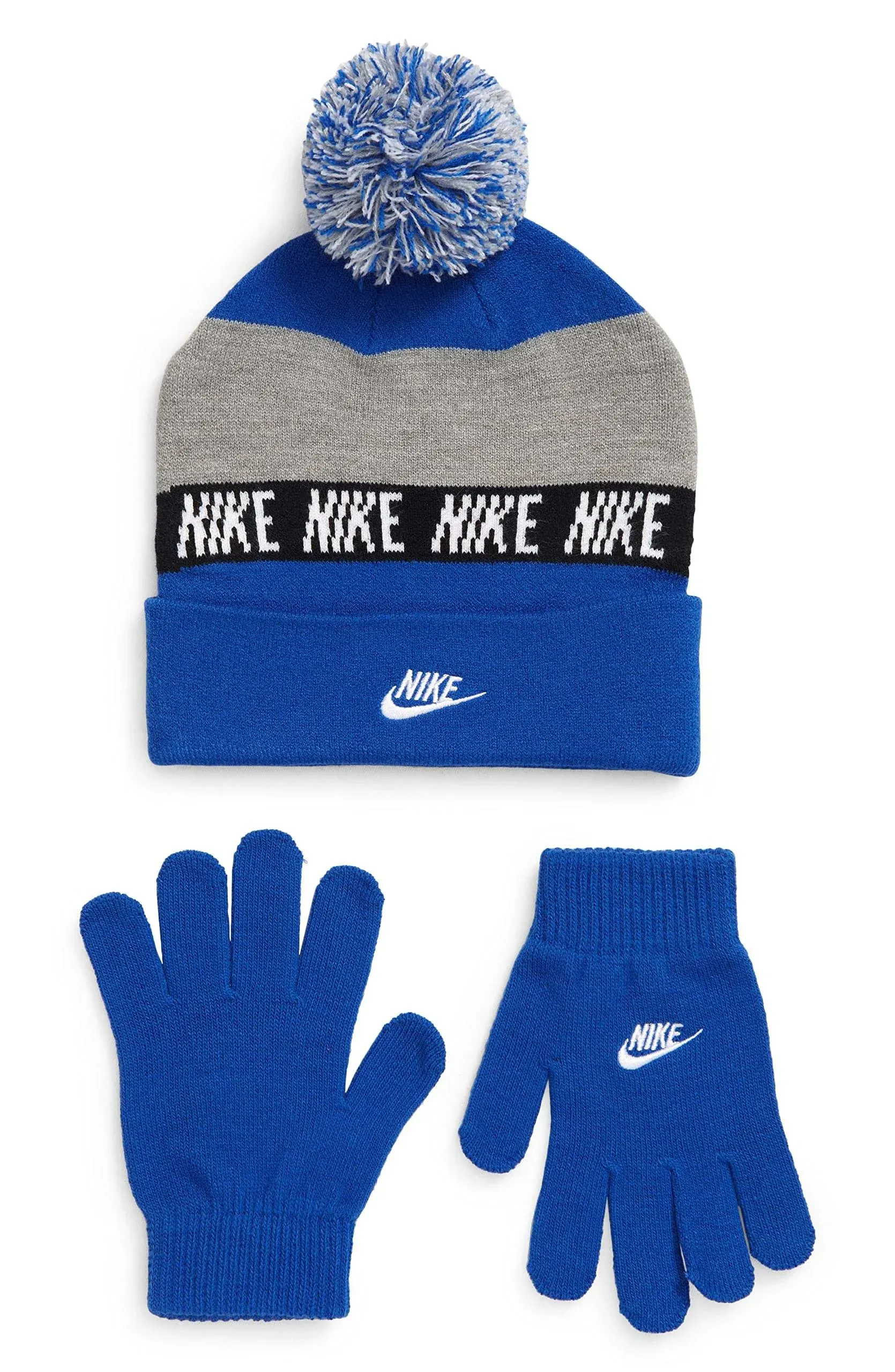 Nike Kids' Futura Logo Beanie & Gloves Set in Game Royal