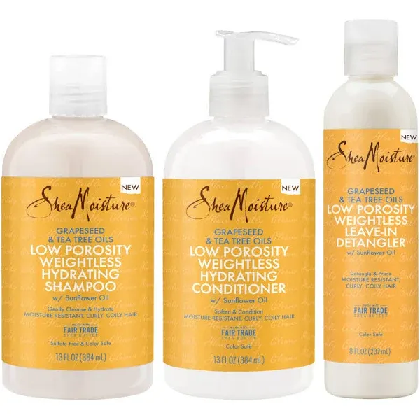 SheaMoisture Shampoo and Conditioner Set (13 Oz Ea) + Detangler (8 Oz), Low Porosity Hair Products, Baobab and Tea Tree Oil 3pc Bundle, Soften and Balance, Curly Hair Products