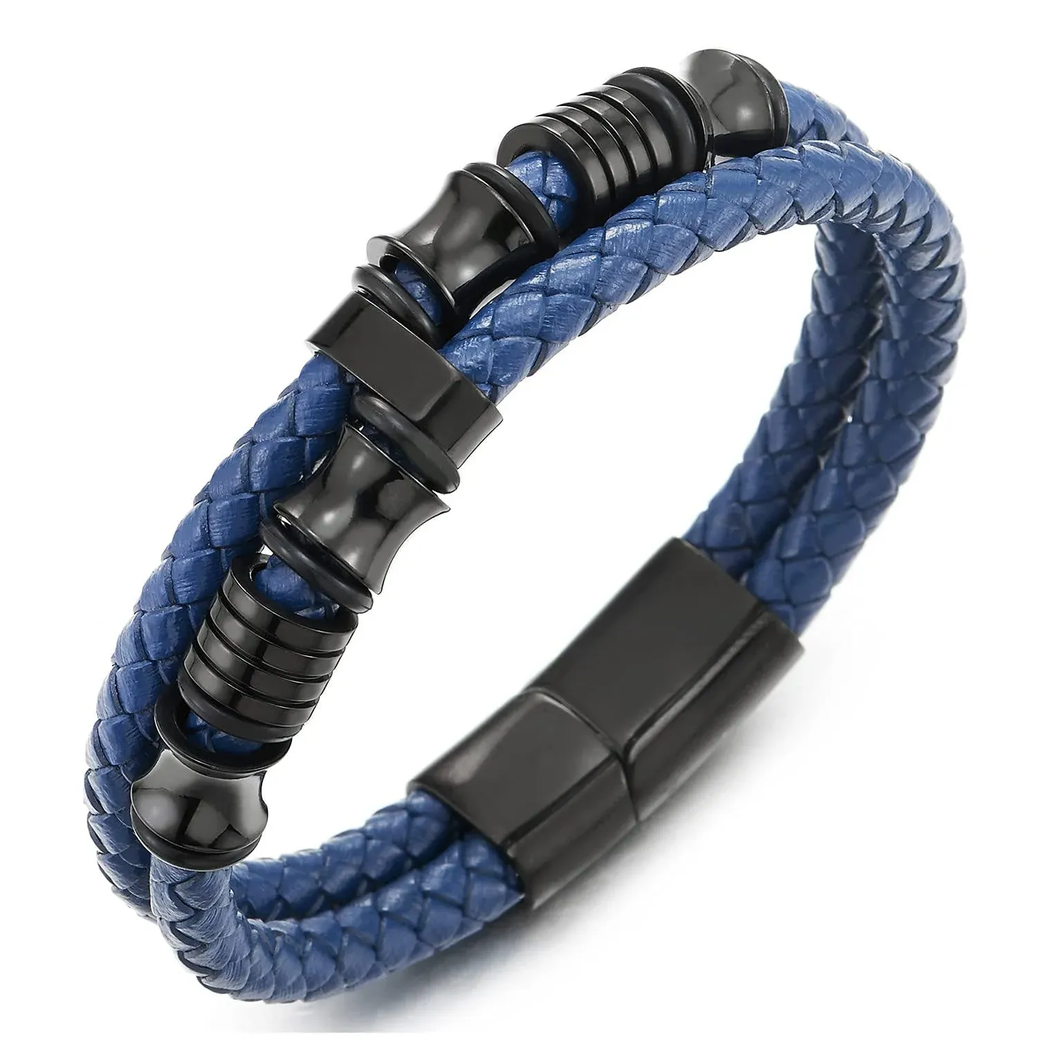 Mens Double-Row Blue Braided Leather Bracelet Bangle Wristband with Black Stainless Steel Ornaments