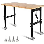 Goplus Work Bench, 48” Mobile Work Table with Power Outlet, Removable Wheels & Foot Pads, Bamboo Wood Top,1984LBS Capacity,Heavy Duty Tool Bench, Adjustable Rolling Workbench for Garage Home Workshop