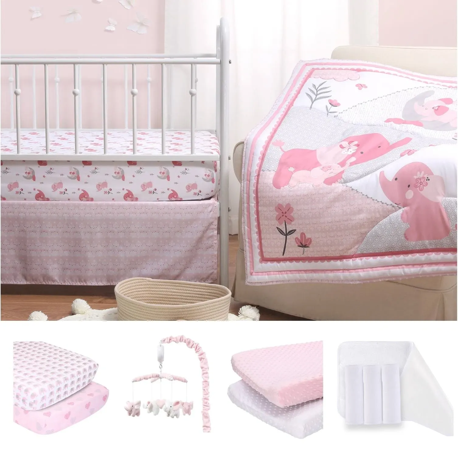 Pink Elephant 7 Piece Baby Nursery Crib Bedding Set, Quilt, Crib Sheets, Crib Skirt, and Changing Pad Covers