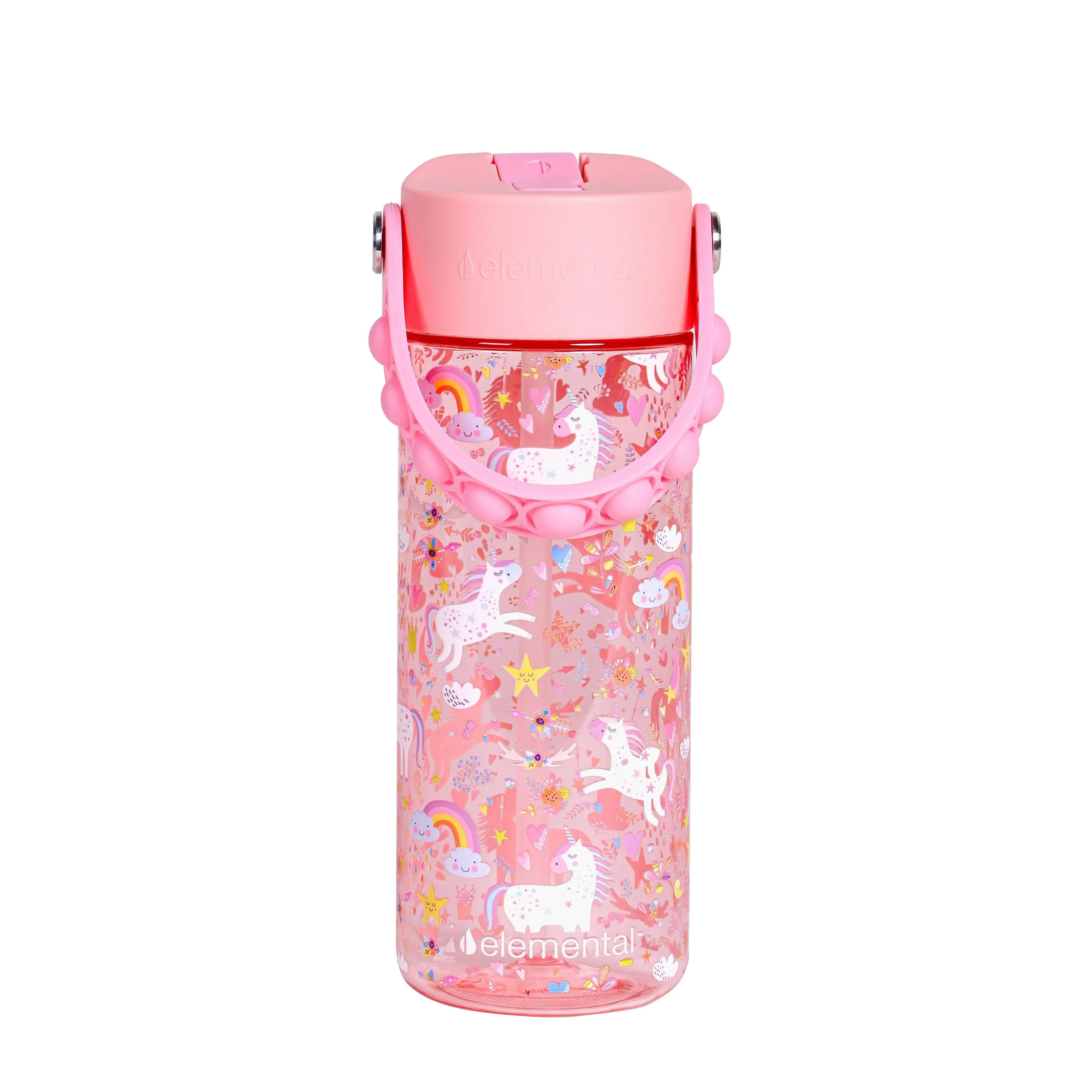 Elemental Leak Proof Water Bottles for Kids - Splash Kids Water Bottle for School with Fun Fidget Pop-it Handle - BPA Free Tritan Plastic Reusable Water Bottle with Straw - Pink Unicorn - 18oz