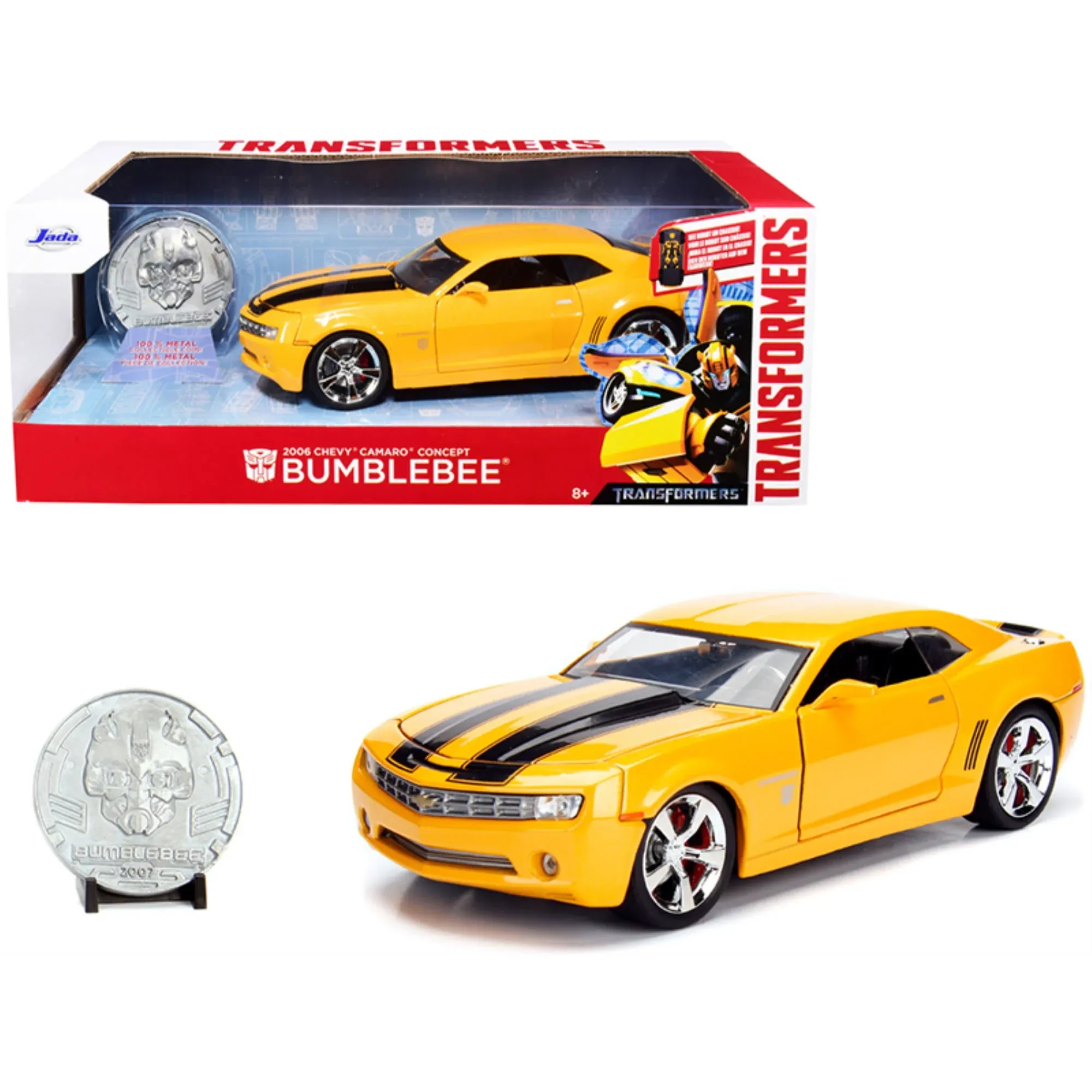 Transformers 1:24 Bumblebee 2006 Chevy Camaro Die-Cast Car w/Robot on Chassis & Collectible Coin, Toys for Kids and Adults