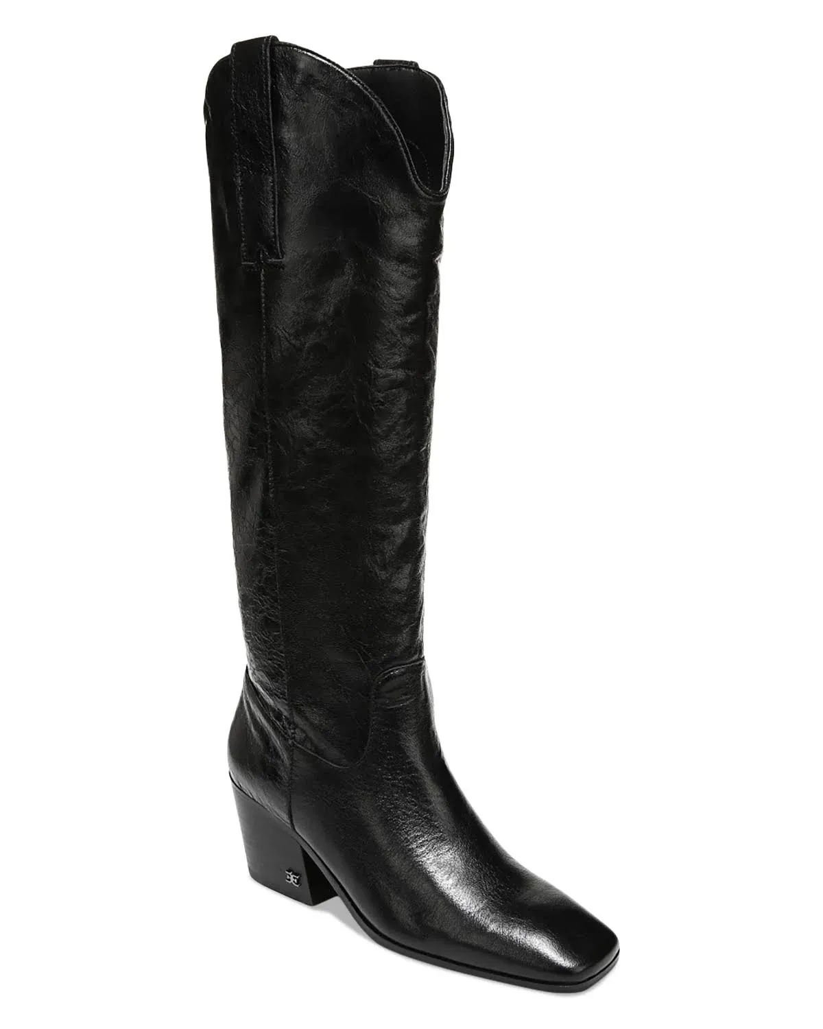 Sam Edelman Britten Black Leather Square Toe Side Zipper Block Heel Western Boot