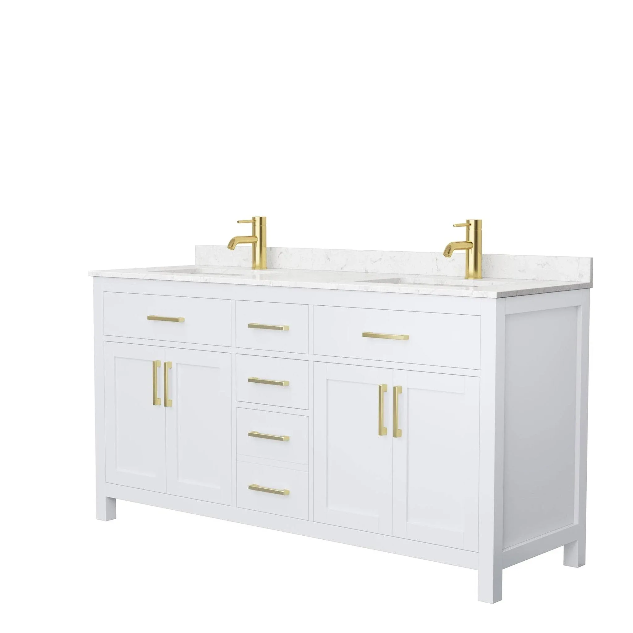 Beckett 66 Inch Double Bathroom Vanity in White, Carrara Cultured Marble Countertop, Undermount Square Sinks, Brushed Gold Trim - Wyndham WCG242466DWGCCUNSMXX