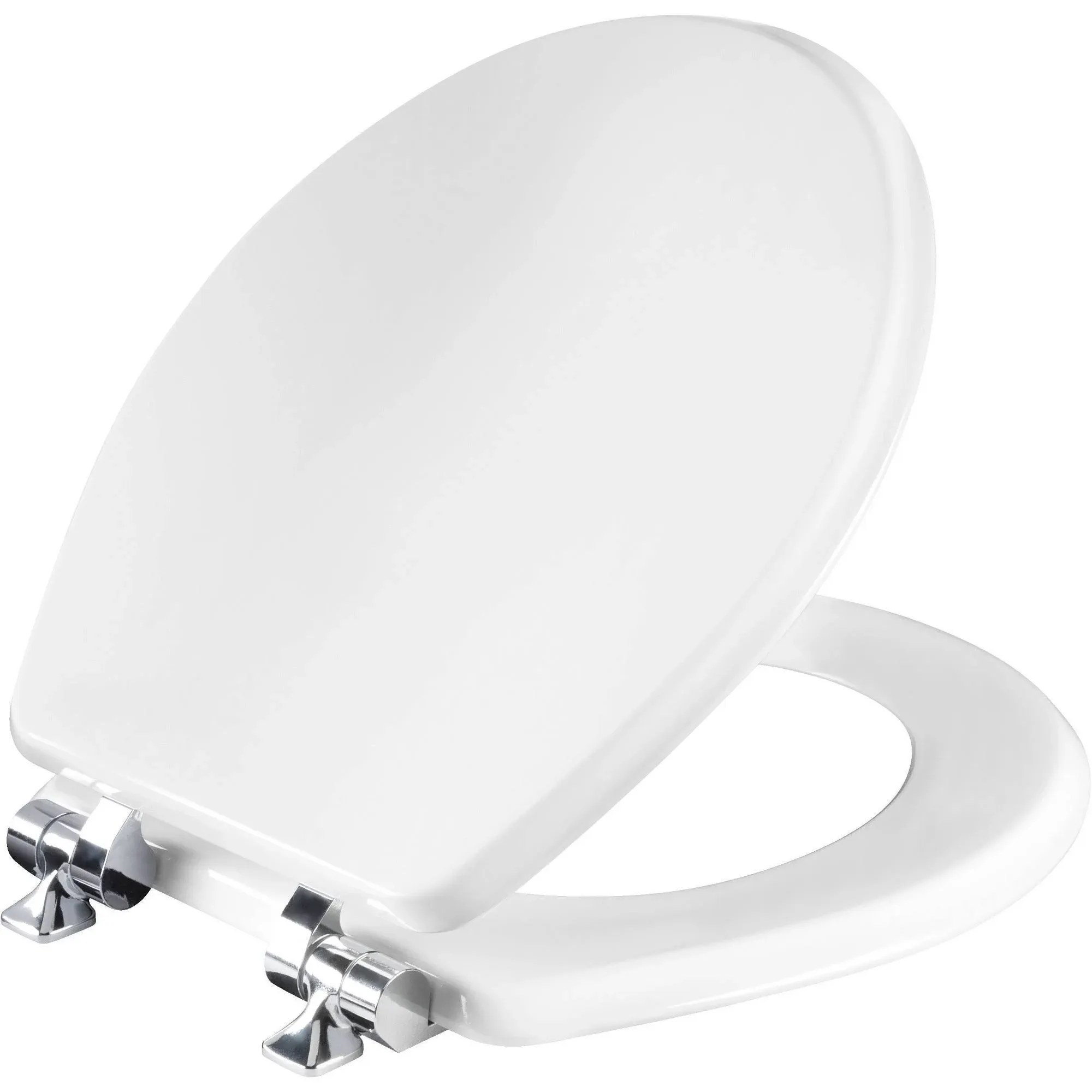 Round Enameled Wood Toilet Seat in White with STA-TITEWhispe<wbr/>r•Close,Chrome Hinge