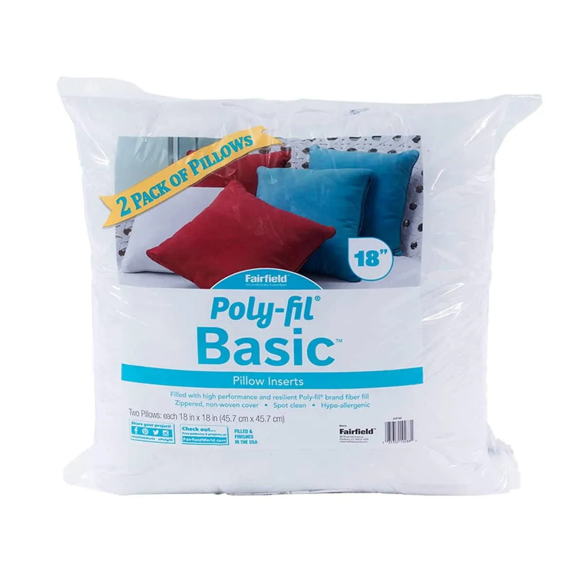 6 Packs: 2 ct. (12 total) Fairfield™ Poly-Fil® Basic™ Pillow Insert, 18" x 18"