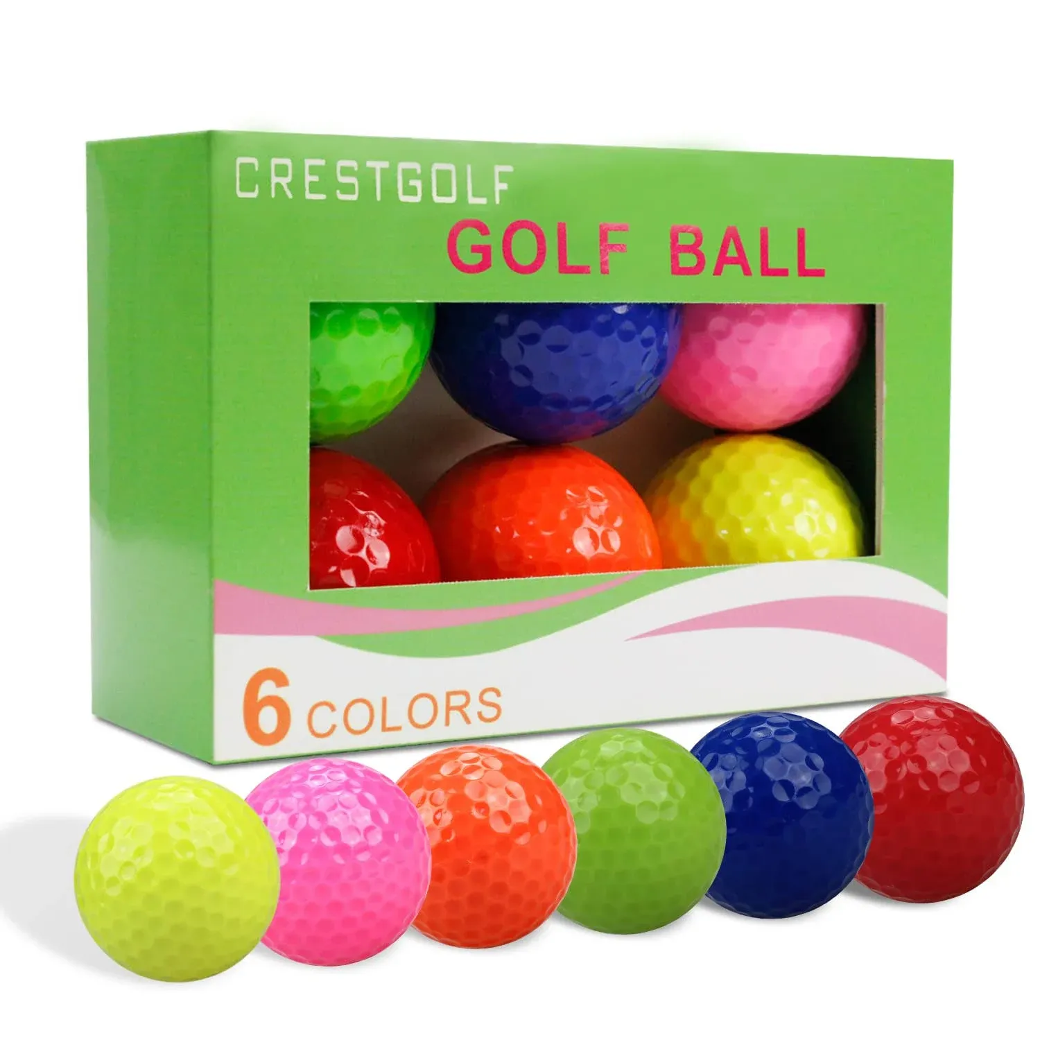 CRESTGOLF 6 Pack Colored Golf Ball, Driving Range Golf Balls,Golf Practice Ball With Yellow Pink blue Orange Red Green.