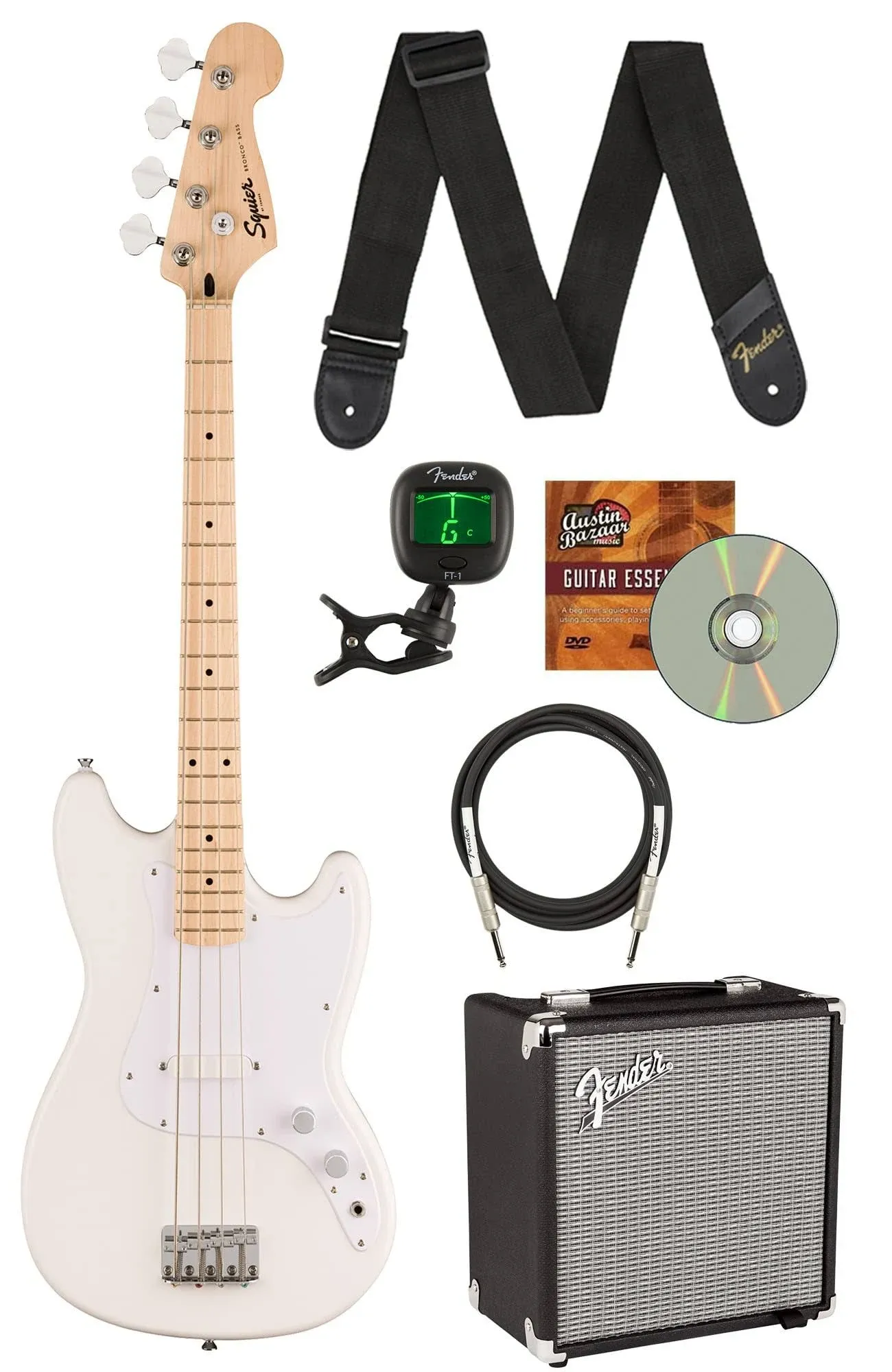 Fender Squier Sonic Bronco Bass Guitar, Maple Fingerboard - Arctic White Bundle with Rumble 15 Bass Amplifier, Guitar Cable, Fender Tuner, Guitar Strap, and Austin Bazaar Instructional DVD