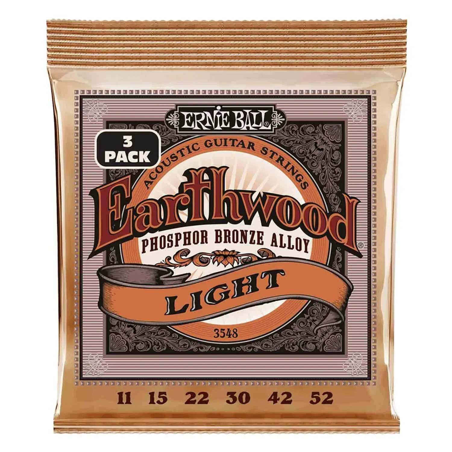 Ernie Ball Earthwood Light Phosphor Bronze Acoustic Guitar Strings 3 Pack, 11-52