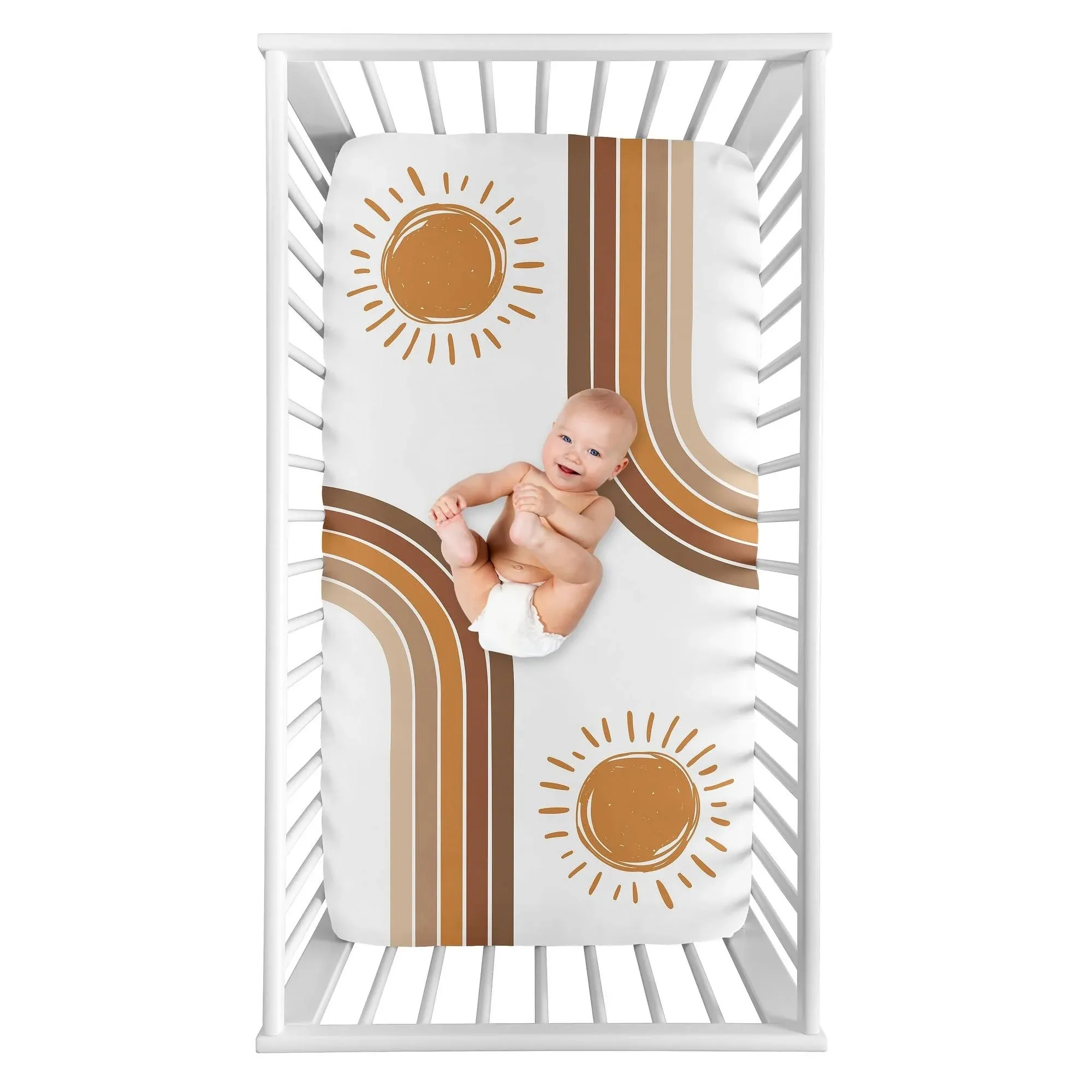 Sweet Jojo Designs Rainbow Vintage Boho Sun Boy Girl Fitted Crib Sheet Baby Toddler Nursery Photo Op Pumpkin Rust Orange Taupe Brown and White Bohemian Sunshine Minimalist Gender Neutral Retro Arches