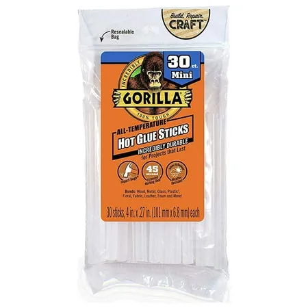 Gorilla Hot Glue Sticks Mini Size 4" Long x .27" Diameter 30 Count Clear (Pack of 1)