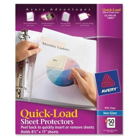 Avery Quick Top & Side Loading Sheet Protectors, Letter, Non-Glare, 50/Box (73803)