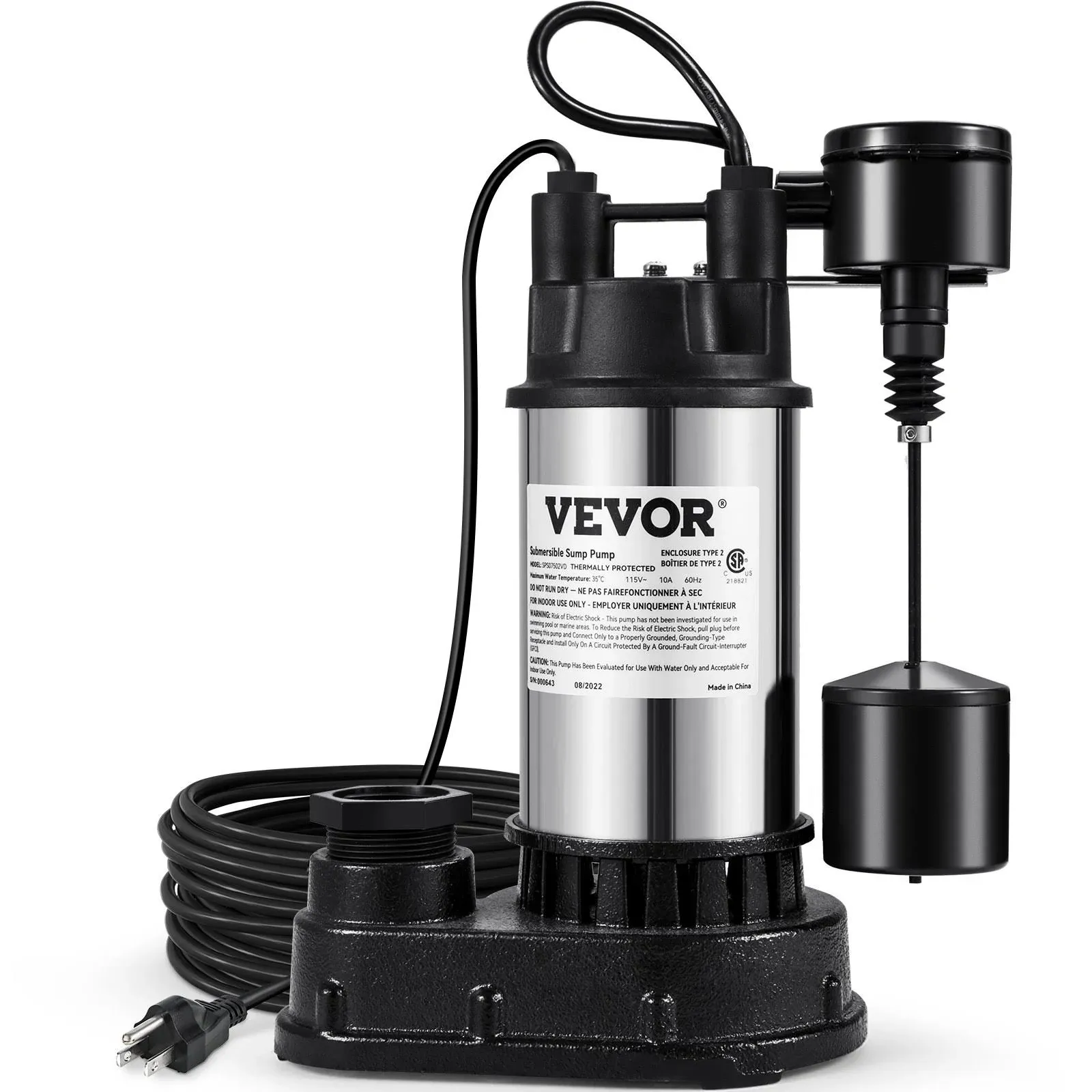 Sump Pump, 1/2 HP 3960 GPH, Submersible Cast Iron Water Pump VEVOR