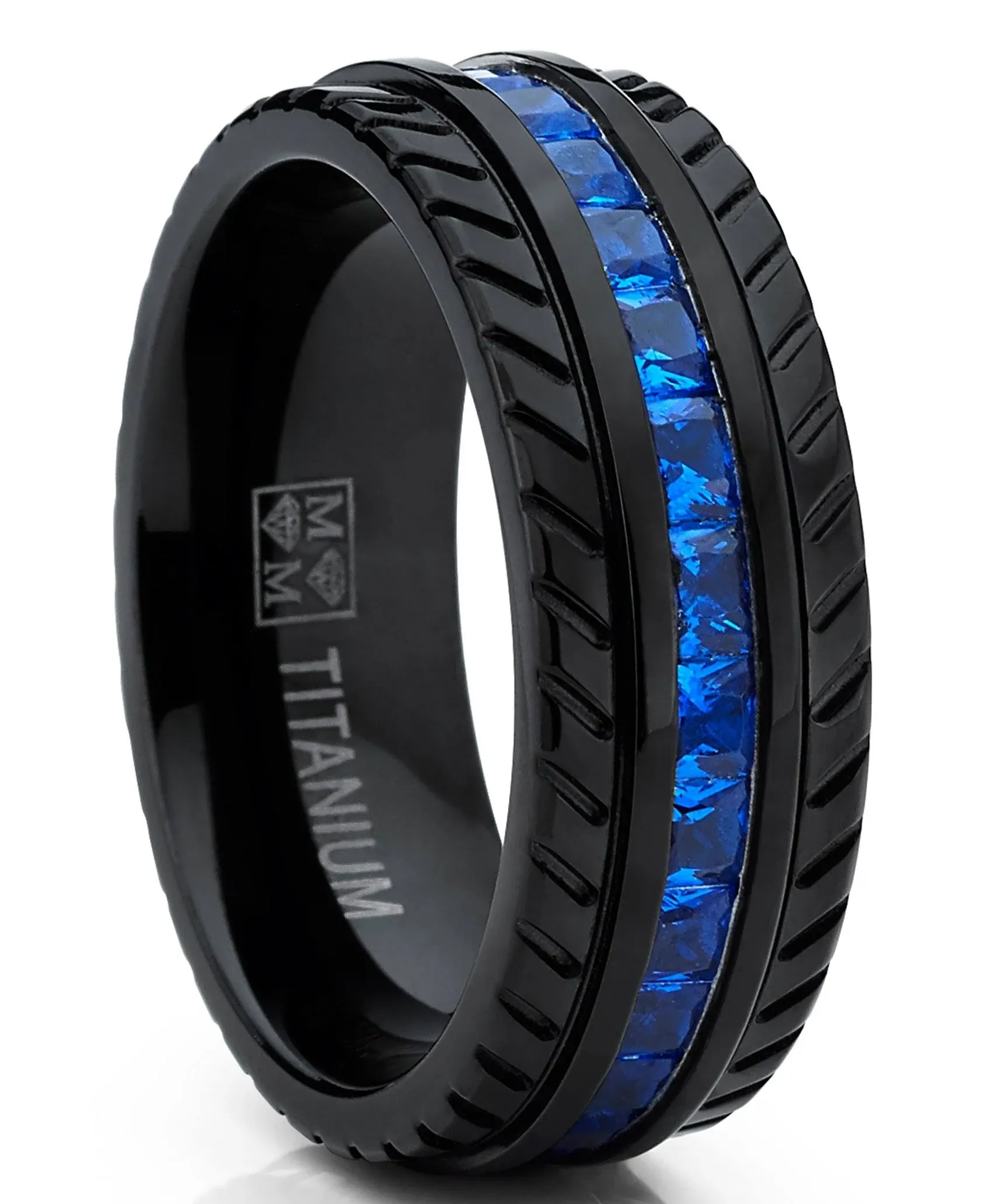 Metal Masters Men's Black Titanium Wedding Band, Engagement Eternity Ring w/ Princess Cut Deep Blue Cubic Zirconia CZ 9