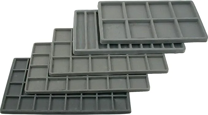 5 Assorted Grey Flocked Plastic Liner Jewelry Storage Tray Insets. With 8, 10, 18, 24 and 32 Compartment for Rings, Pendants, Bracelets, Necklaces, Beads, Coins, Small Trinkets, Bangles, Cuffs