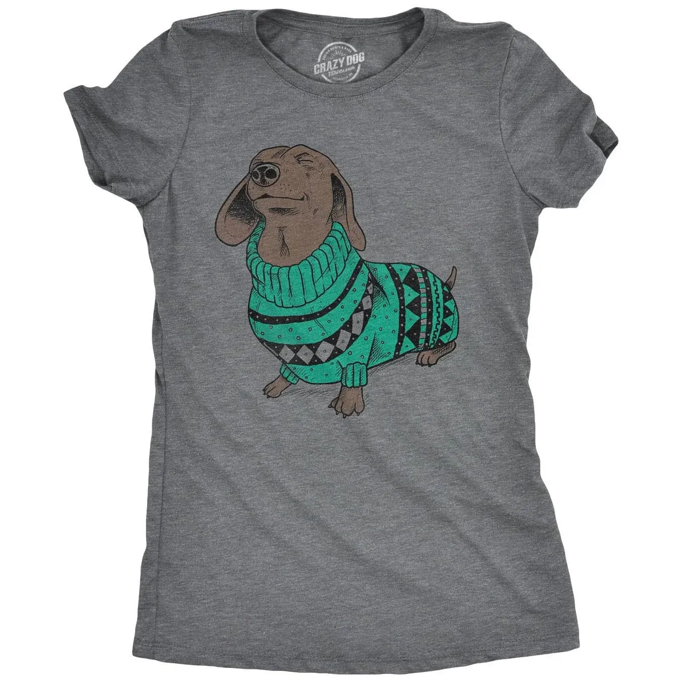 Womens Wiener Dog Ugly Christmas Sweater T shirt Dachshund Pet Owner Mom Tee (Dark Heather Grey) - M Womens Graphic Tees