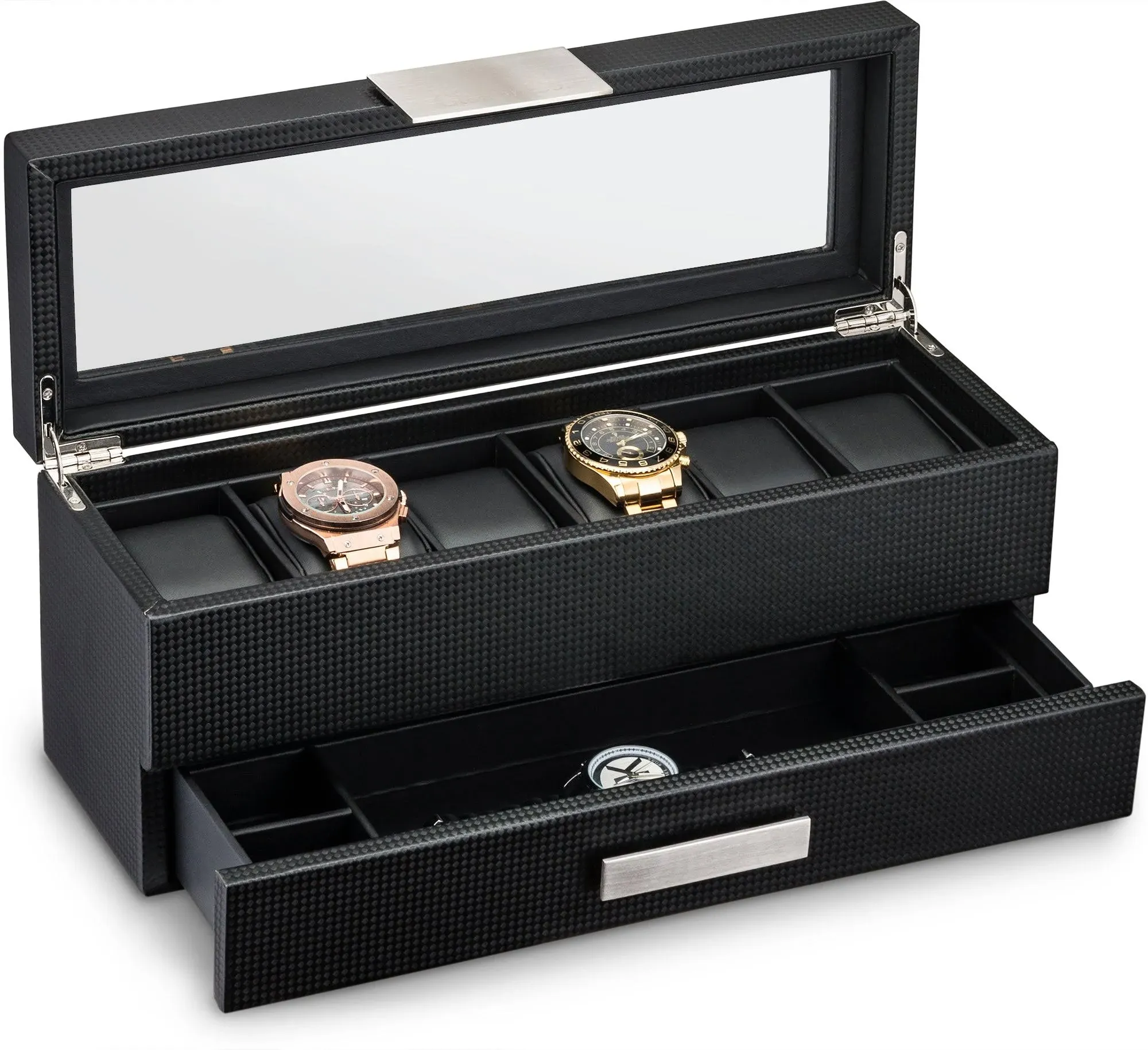 Glenor Co Watch Box with Valet Drawer for Men - 6 Slot Luxury Watch Case Display