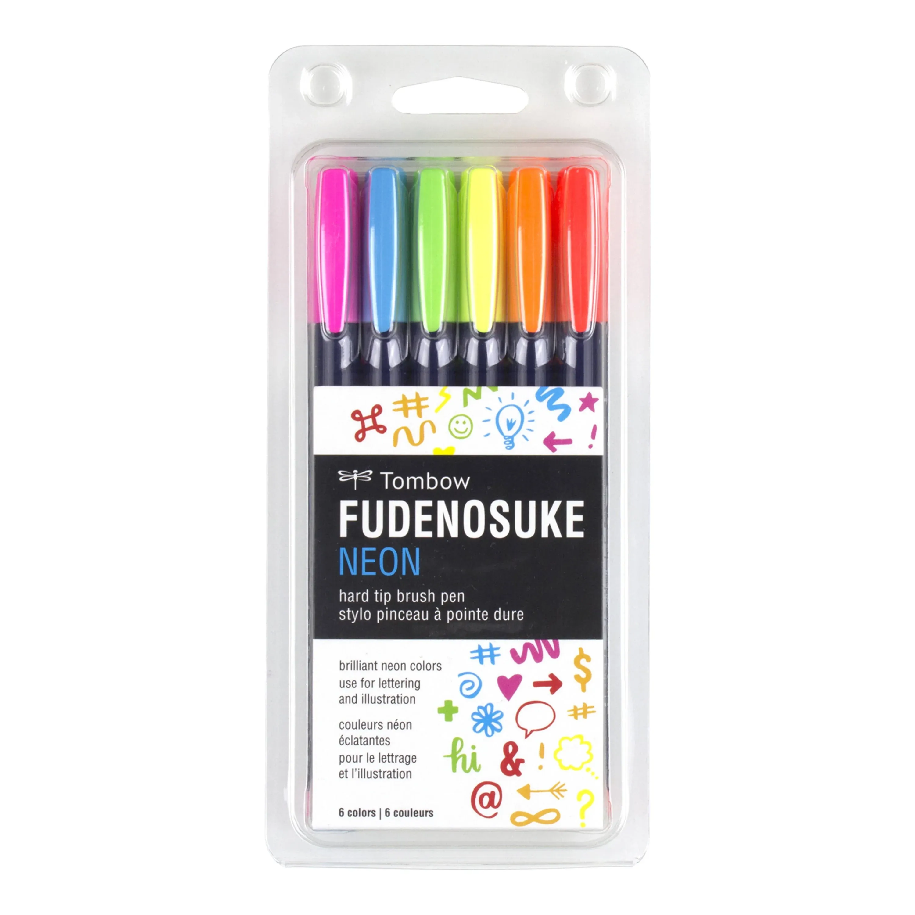 Tombow 56437 Fudenosuke Neon Brush Pen, 6-Pack. Hard Tip Fudenosuke Brush Pens 