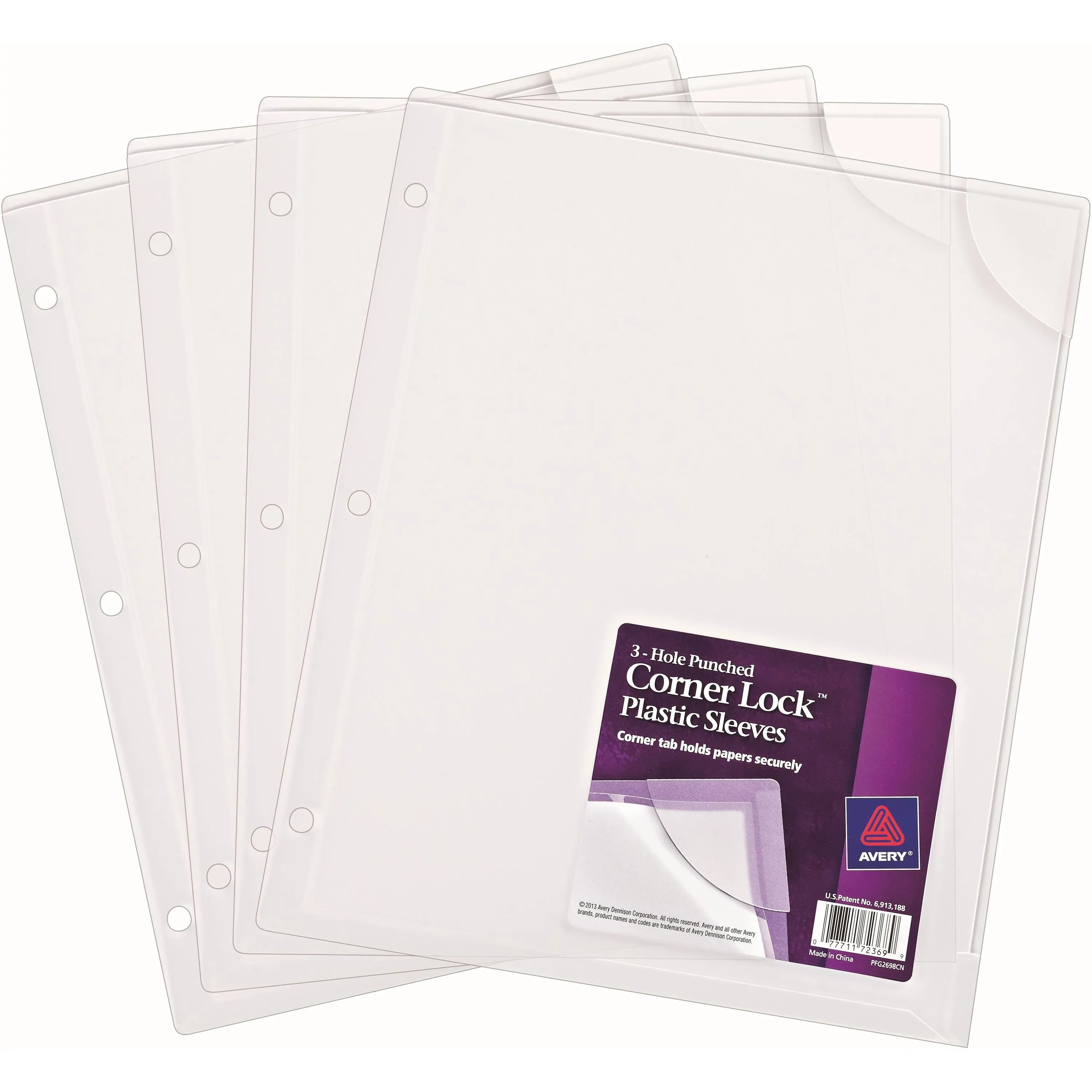 Avery Three-Hole Punched Corner Lock Plastic Sleeves 11 3/4 x 9 1/2 Clear 4/Pack