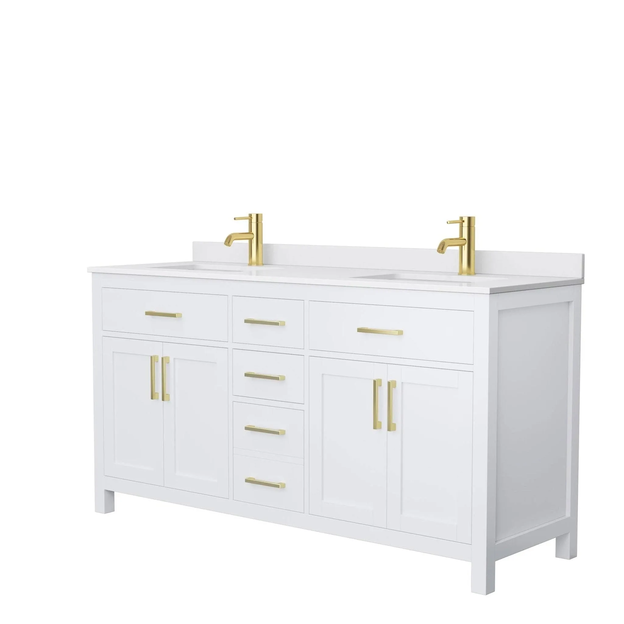 Wyndham WCG242466DWGWCUNSMXX Beckett 66 Inch Double Bathroom Vanity in White, White Cultured Marble Countertop, Undermount Square Sinks, Brushed Gold Trim