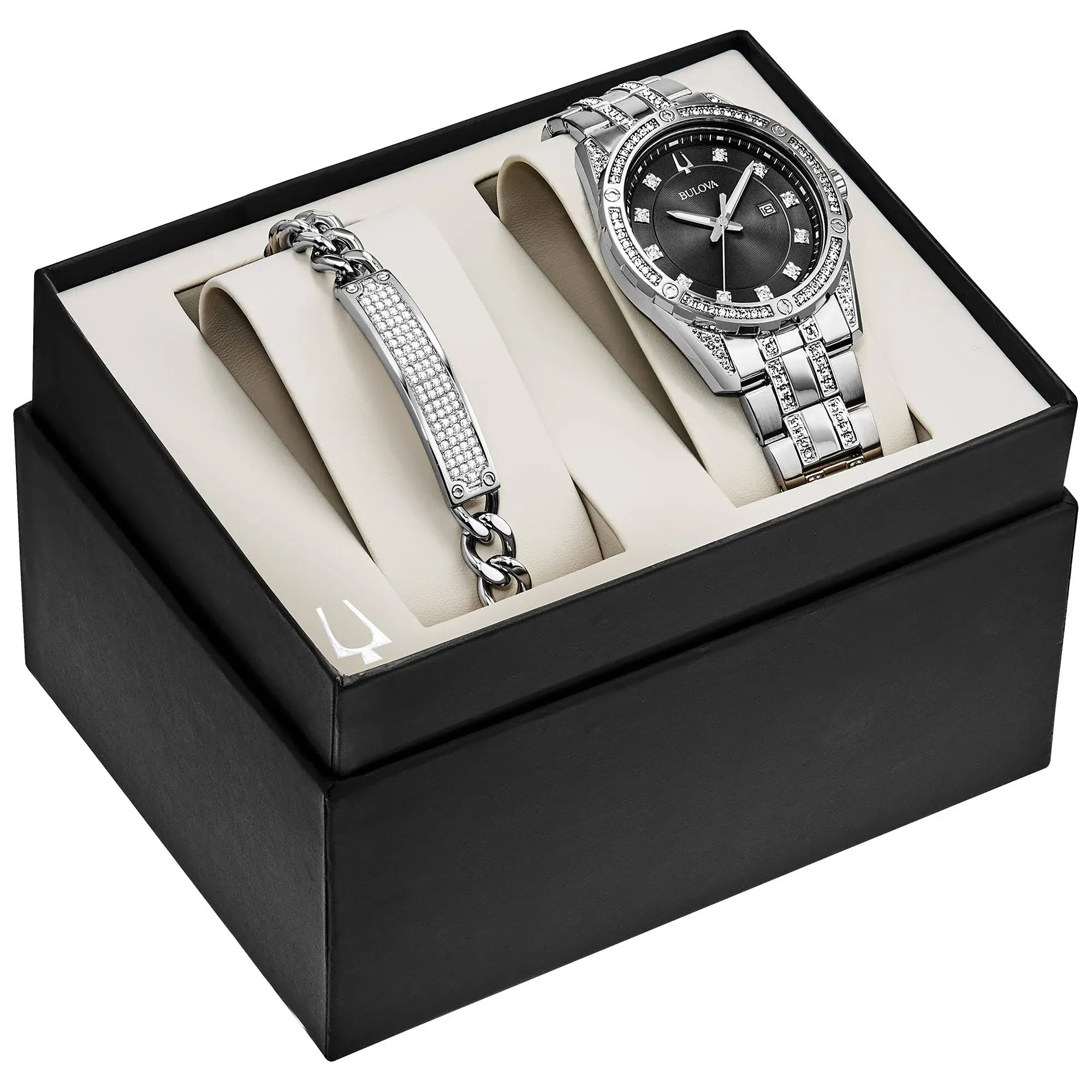 Men's Bulova Crystal Stainless Steel Watch and ID Bracelet Gift Set | 43mm | 96K105