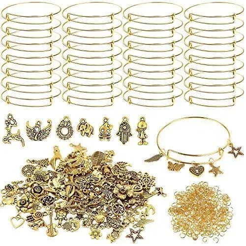 UPINS 30pcs Gold Expandable Blank Bracelets Adjustable Wire Bangles with 100pcs ...