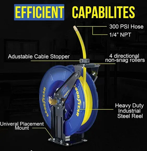 GOODYEAR Air Hose Reel Retractable 3/8" Inch x 50' Feet Long Premium Commercial SBR Hose Max 300 Psi Reinforced Steel Construction Heavy Duty Spring Driven Industrial Dual Arm & Pedestal