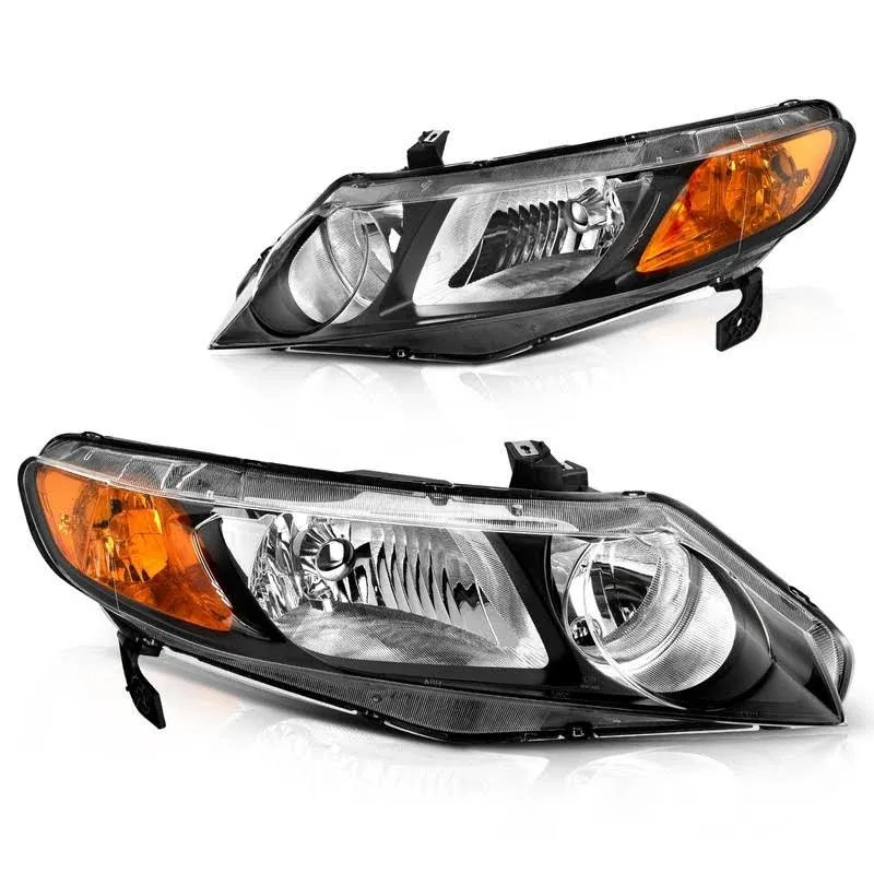 DWVO Compatible with 2006 2007 2008 2009 2010 2011 Civic 4-Door Sedan Headlight Assembly Headlamp Replacement Black Housing Amber Reflector (Only Compatible with 4-Door)