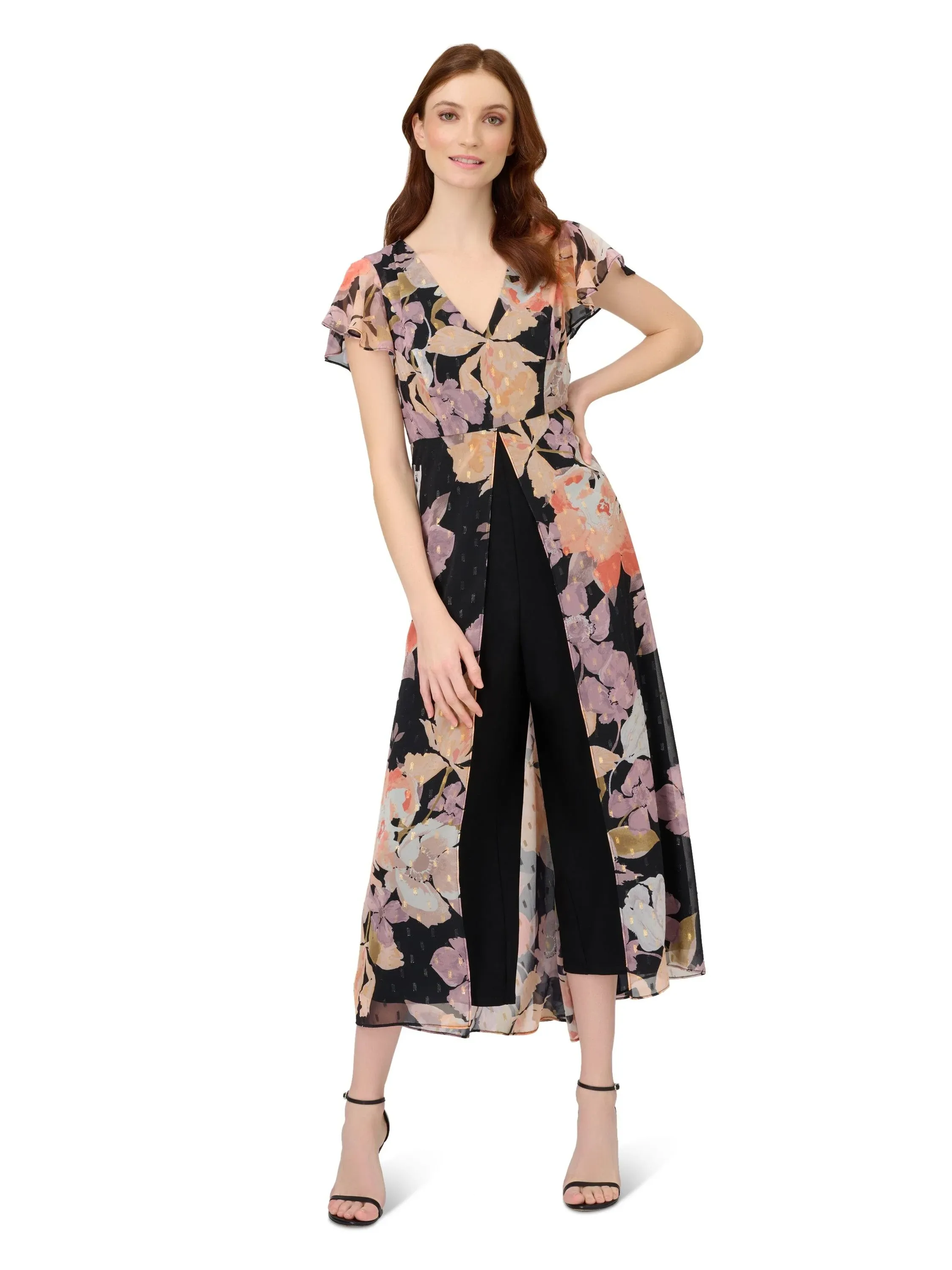 Adrianna Papell Stretch Crepe Jumpsuit with Printed Chiffon Walk Thru : 4