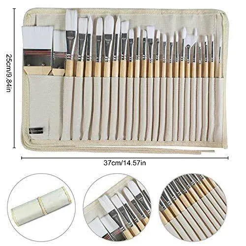 Paint Brushes Set of 24 Pieces Wooden Handles Brushes with Canvas Brush Case