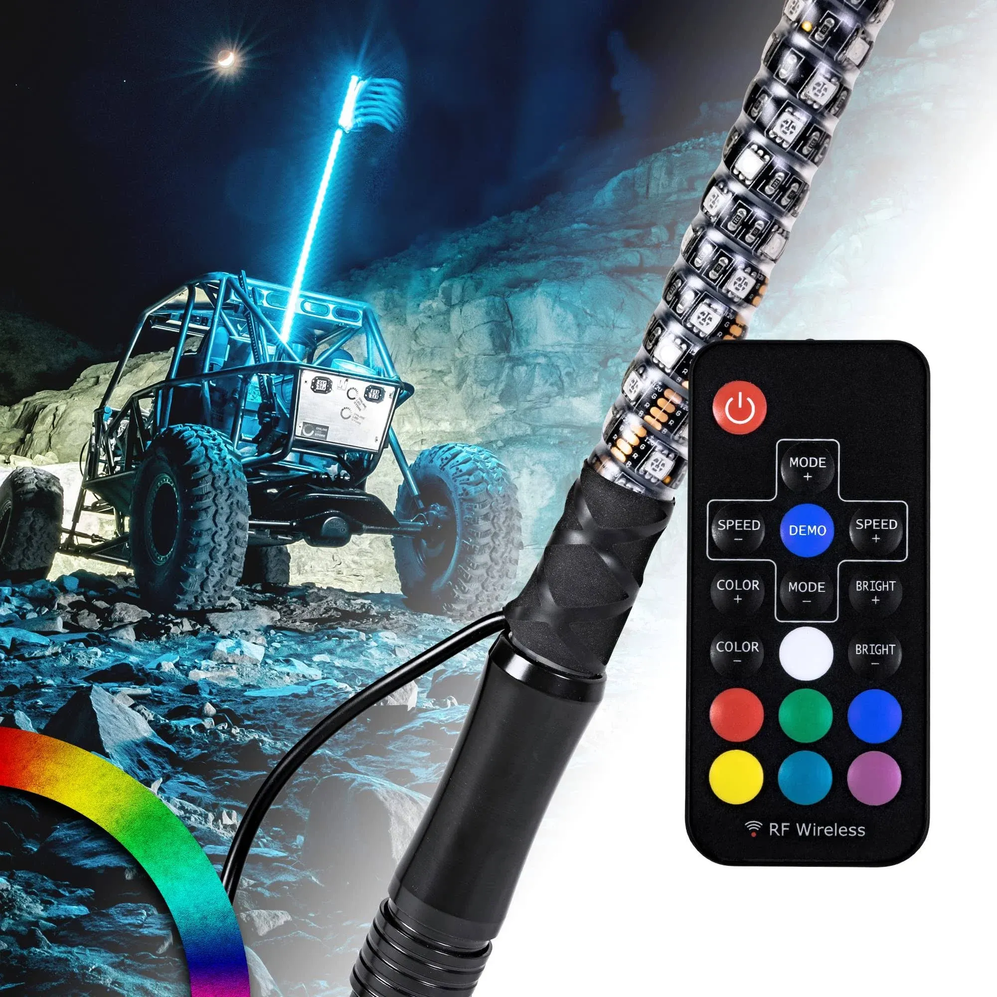 True Mods 3ft Spiral RGB LED Whip Light for UTV ATV RF Wireless Remote USA Flag Waterproof LED Lighted Whip CB Antenna Pole Stick for RZR Can-Am