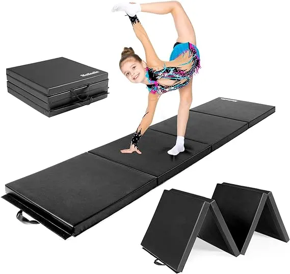 Matladin 6' Folding Tri-fold Gymnastics Gym Exercise Aerobics Mat 6ft x 2ft x 2in PU Leather Tumbling Mats with Hook & Loop Fastener for Stretching