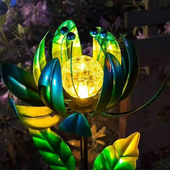 Solar Garden Lights Metal Flower Decor, Colorful Spinning Windmill Lotus Pathway Ligths with LED Cracked Crystal Ball Outdoor Decorative Stake Lighting Waterproof Flower Sculpture for Patio Yard