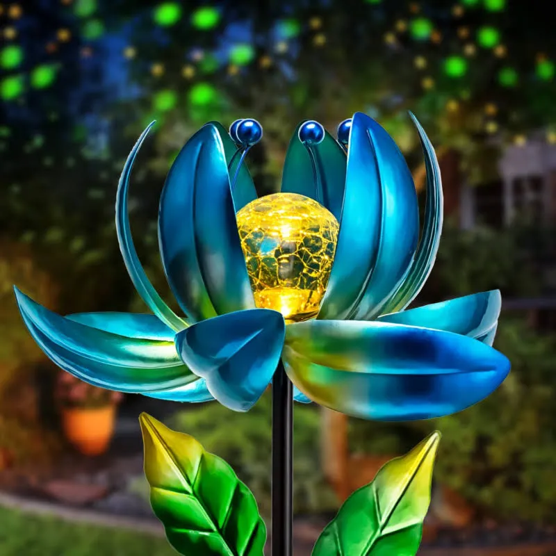 Solar Garden Lights Metal Flower Decor, Colorful Spinning Windmill Lotus Pathway