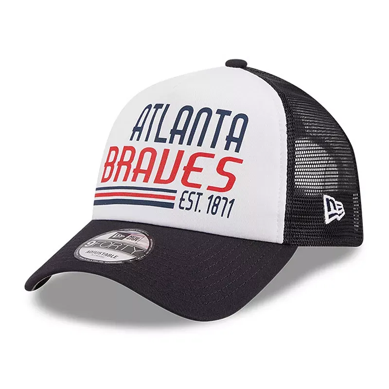 Men's New Era White/Navy Atlanta Braves Stacked A-Frame Trucker 9FORTY Adjustable Hat