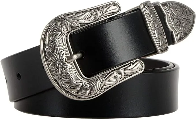 JASGOOD Women Leather Belts Ladies Vintage Western Design Black Waist Belt for Pants Jeans Dresses