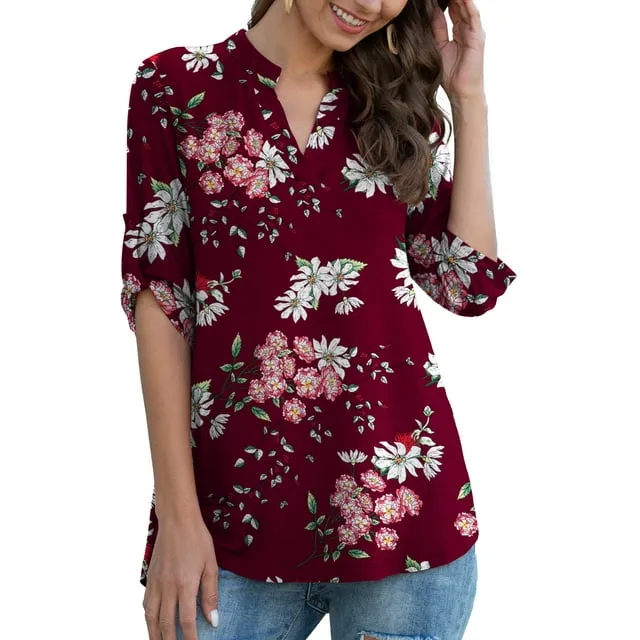 Women's 3/4 Roll Sleeve V Neck Tunic Top