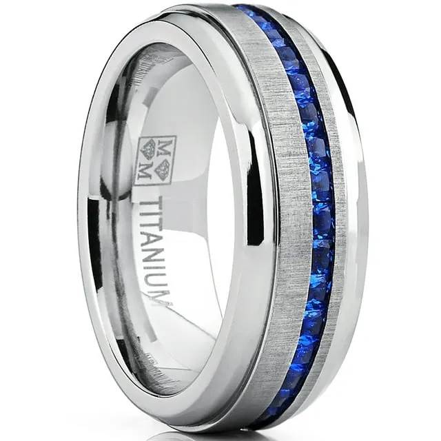 Men's 2.4Ct Eternity Titanium Wedding Band Engagement Ring Simulated Diamond W/ Blue Simulated Sapphire Cubic Zirconia Princess CZ