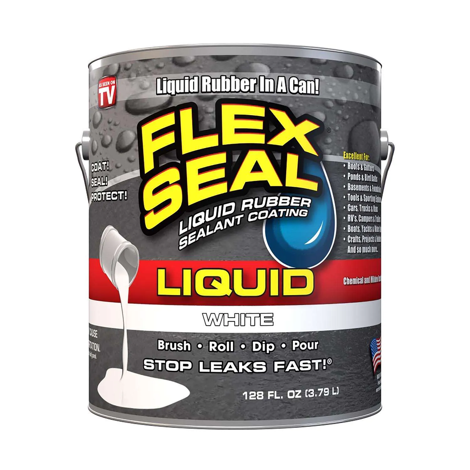 Flex Seal Liquid, 1갤런, 흰색, 액상 고무 코팅 실런트, 방수, 유연성, 통기성 및 UV 저항성, 지붕 수리, 지하실, RV, 캠핑카, 트레일러, 해양, EPDM, 석조