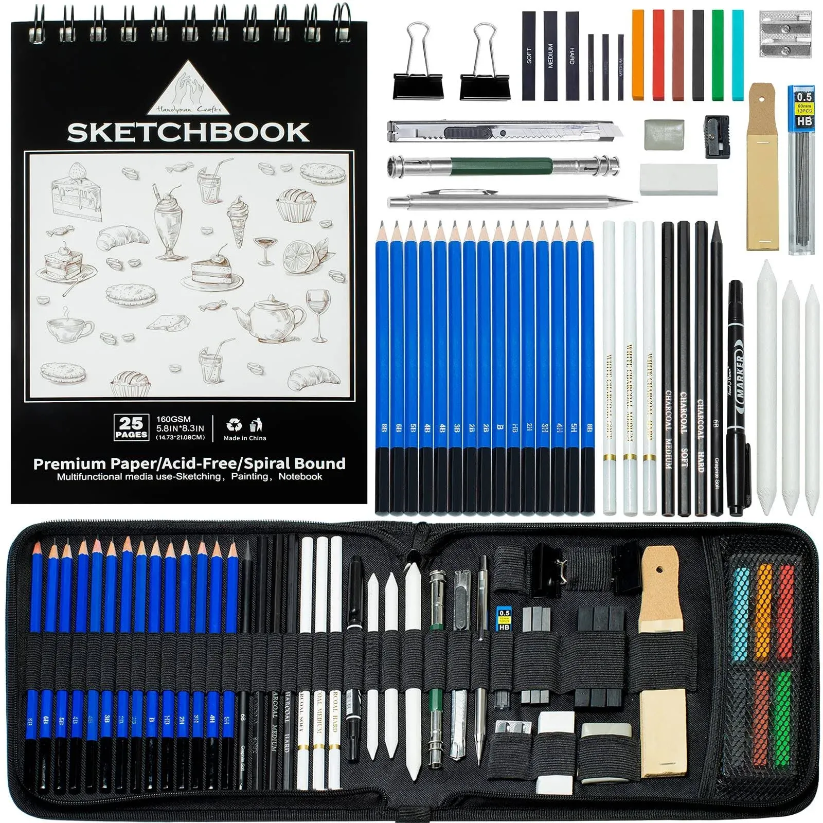 Handyman Crafts 50pcs Sketching Drawing Pencils Set Art Supplies | Sketch pencils,Graphite,Charcoal,Sketch book,Drawing Supplies | in Black Zipper