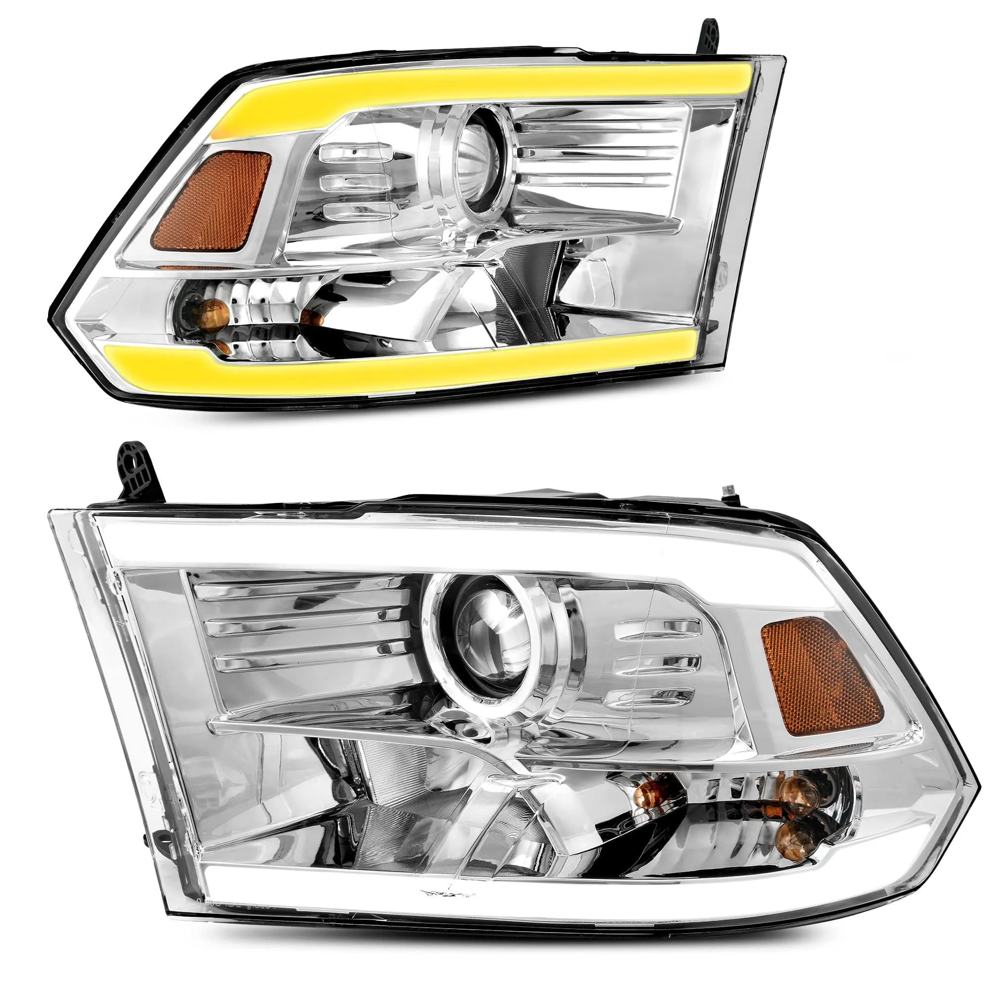 Ledkingdomus LED DRL Projector Headlights Assembly Compatible with 09-18 Dodge Ram 1500/10-18 Dodge Ram 2500 3500/19-22 Ram 1500 Classic Headlamp Chrome Housing Amber Reflector Clear Lens