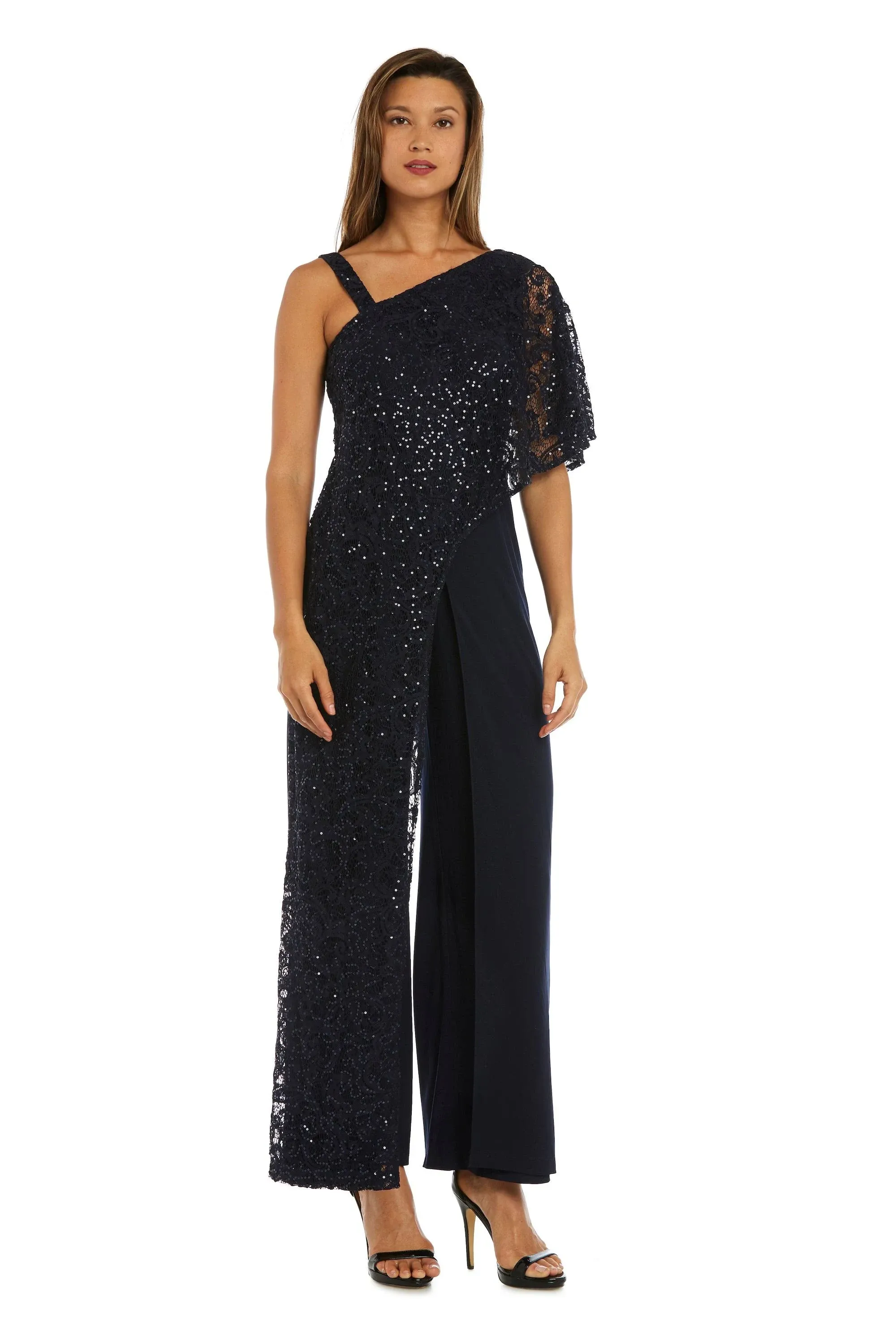 R&M Richards Womens Lace Overlay Sequined Jumpsuit Navy 8