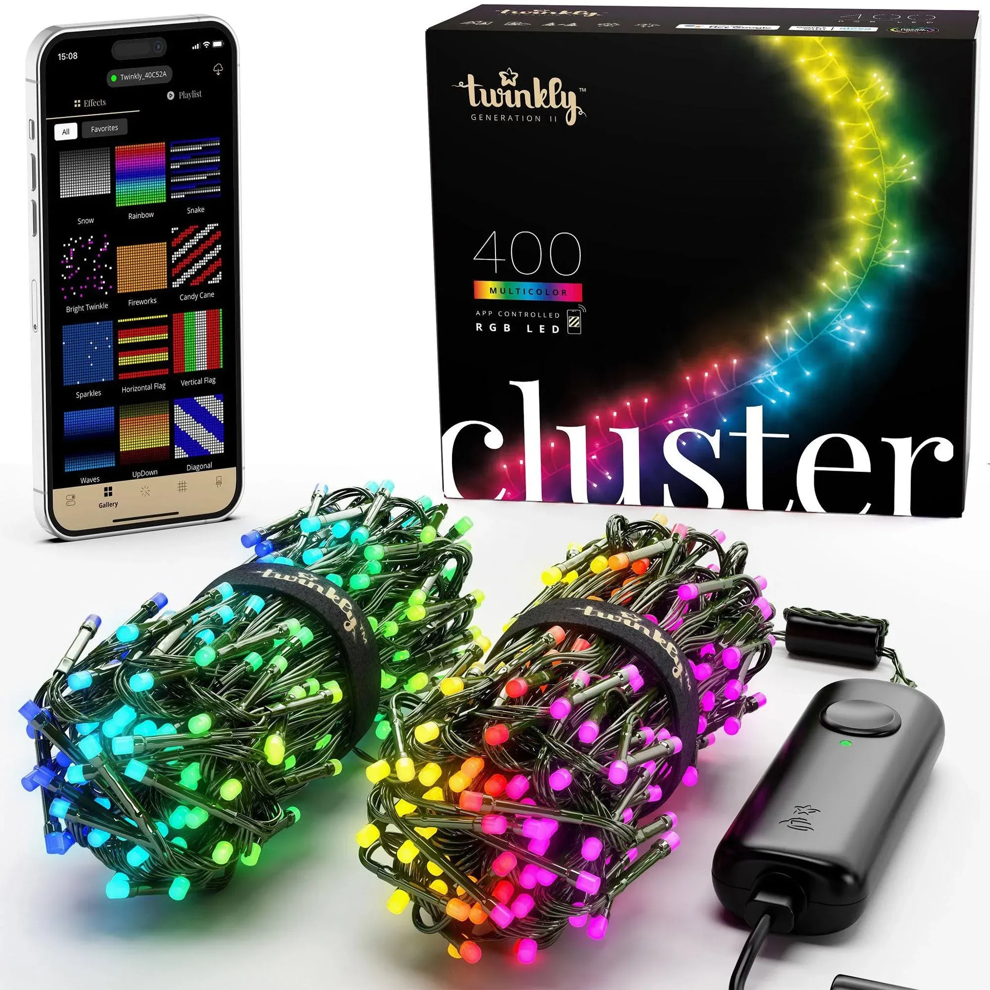 Twinkly Cluster App-Controlled LED Cluster Lights String with 400 RGB+W (16 Million Colors + Pure Warm White) LEDs. 19.7 Feet. Green Wire