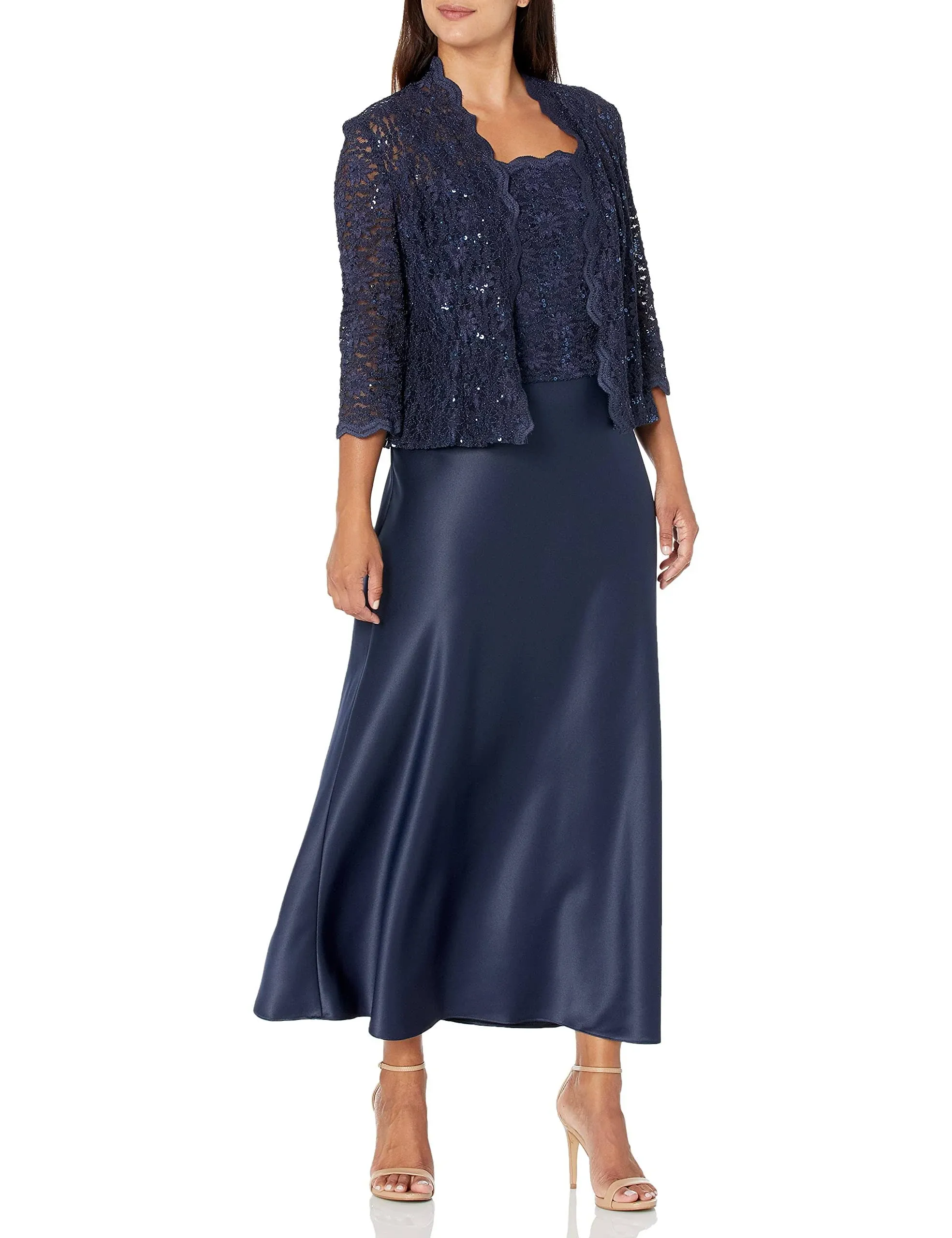 Alex Evenings Women's Long Mock Jacket Dress with Satin Skirt, Navy, 8