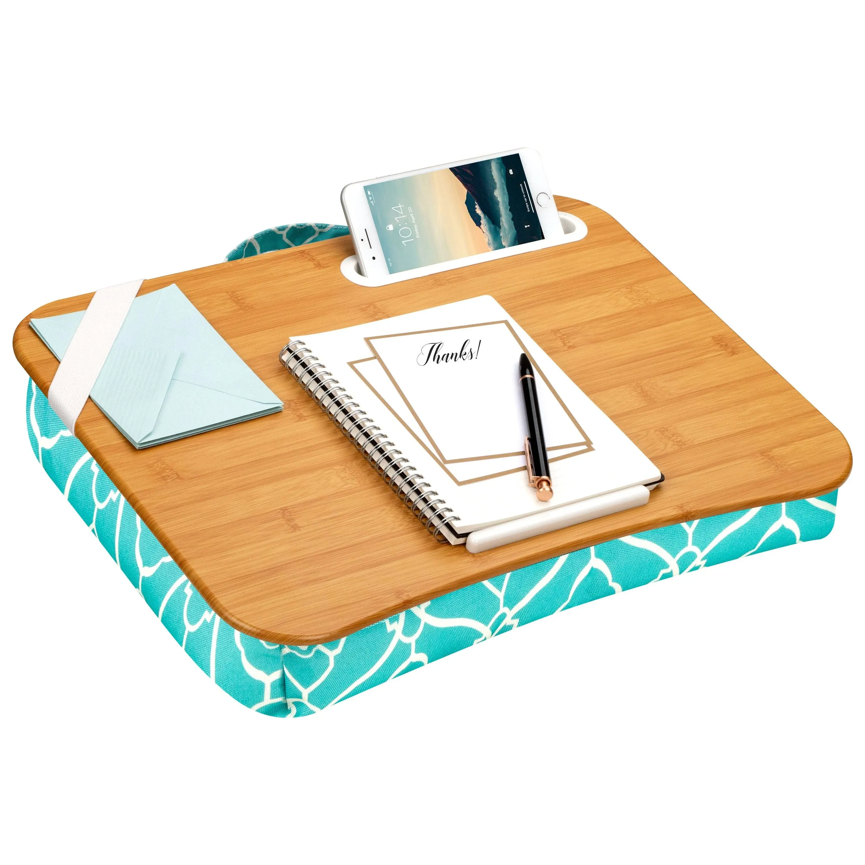 LapGear Designer Lap Desk with Phone Holder and Device Ledge - Aqua Trellis - up