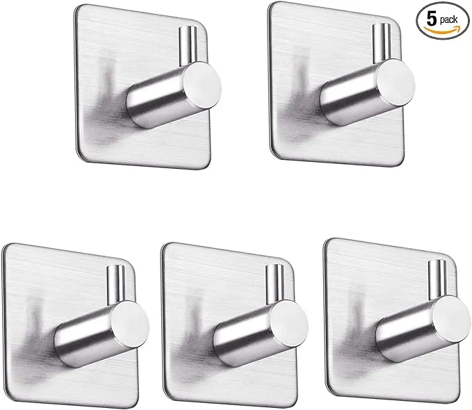 LOOGI Adhesive Hooks, Door Hooks Heavy Duty Towel Hooks Stick on Wall Waterproof Stainless Steel Robe Hanger for Hanging Bathroom Kitchen Home 5 Pack